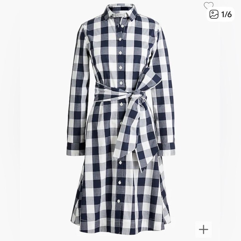 J Crew Women's Cotton Poplin Shirt Dress Tie Waist Pockets Navy Blue White 8